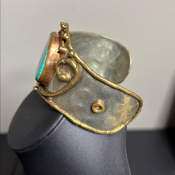 Artisan Crafted Turquoise Gilded Gold Geometric Boho Southwestern Cuff Bracelet - Picture 2 of 5